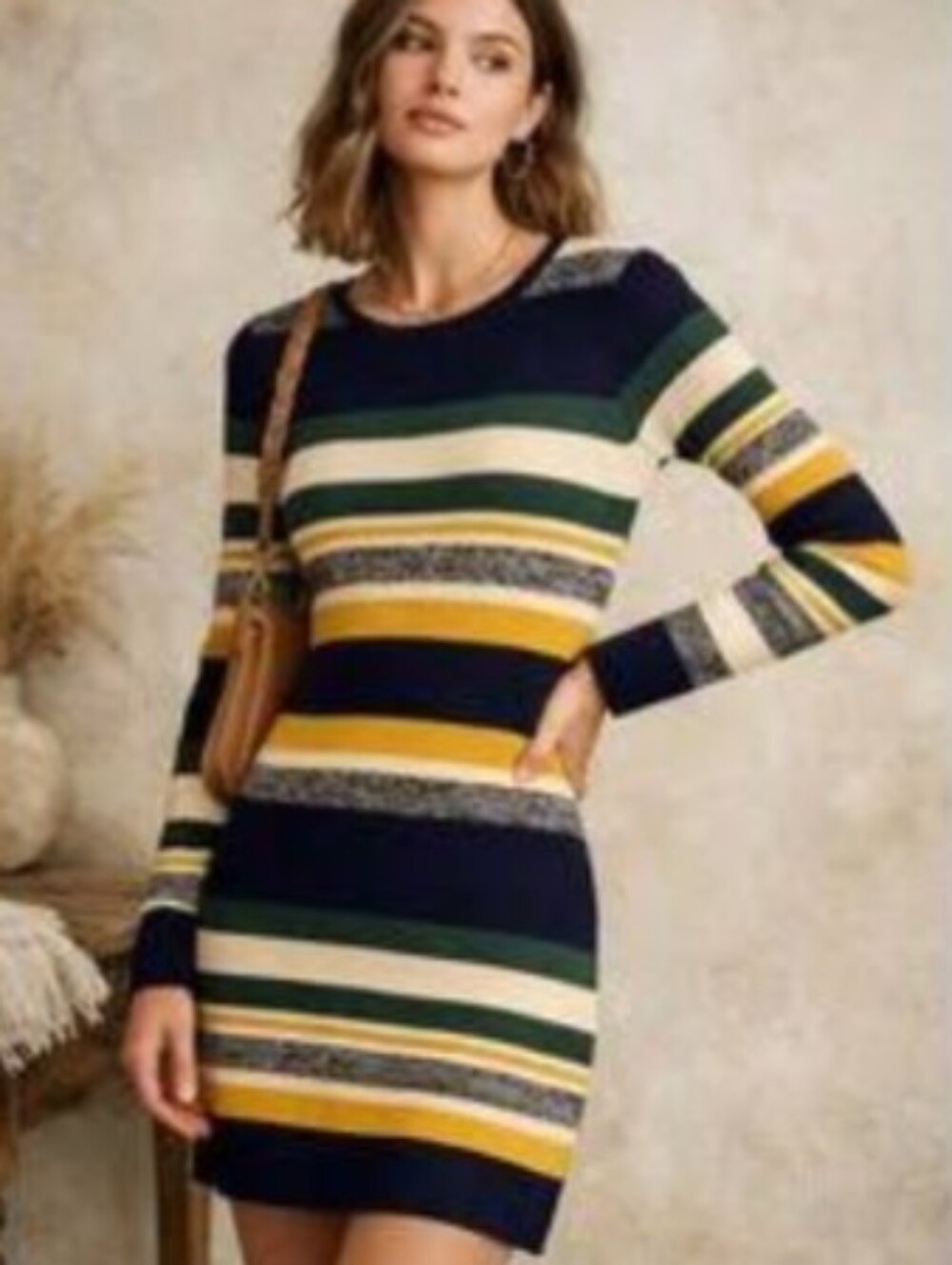 Storia Navy, Mustard, Green & Cream Striped Ribbed Crewneck Sweater Dress